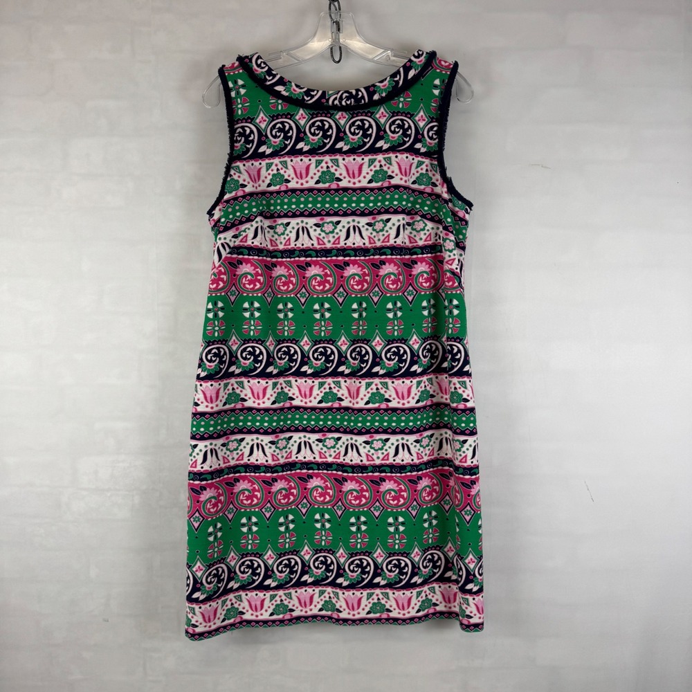 Talbots Sleeveless Geometric Print Shift Dress Size 12 Pink Green Navy Summer